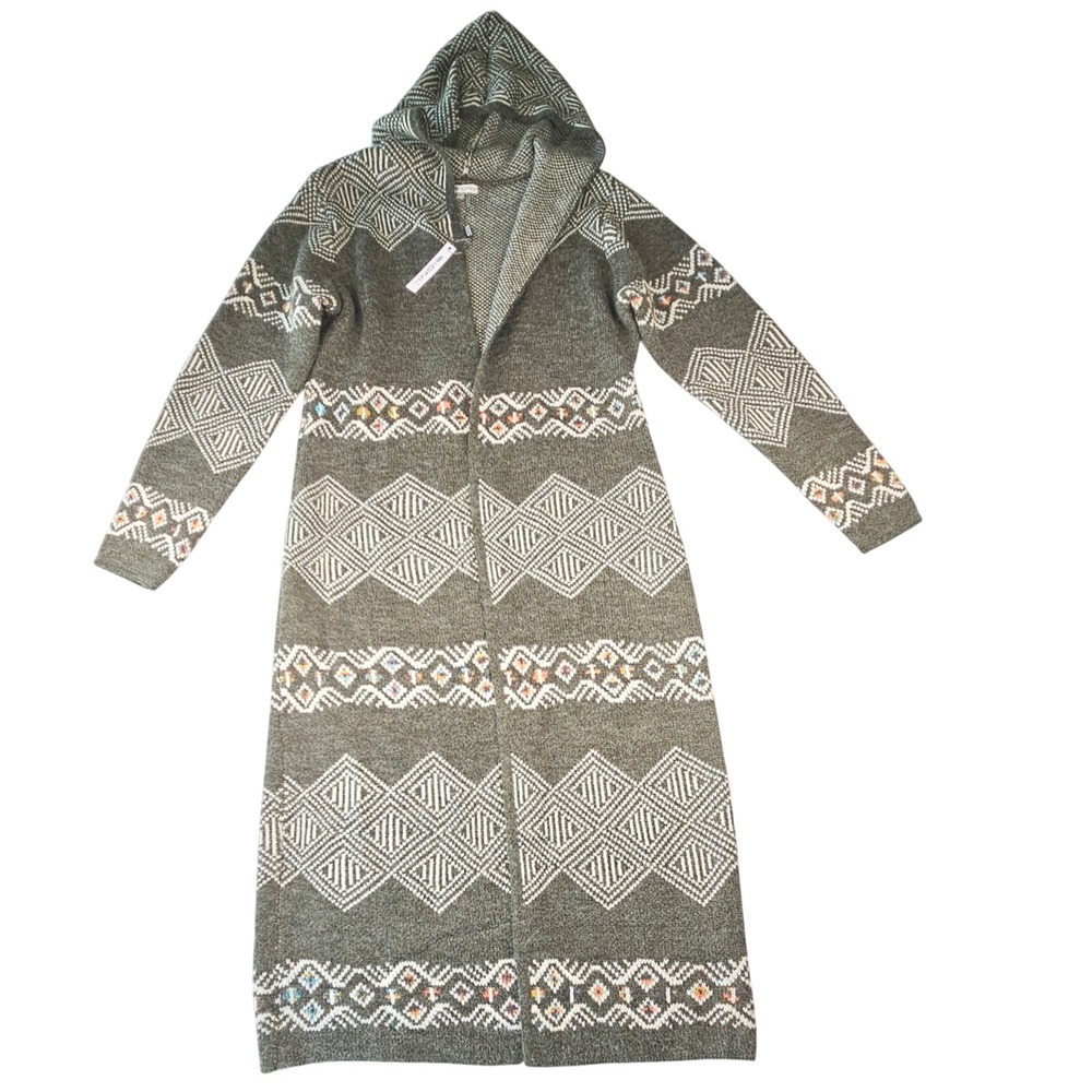 Sioni Womens Long Hooded Cardigan Duster Sweater Olive Intarsia L NWT FLAW